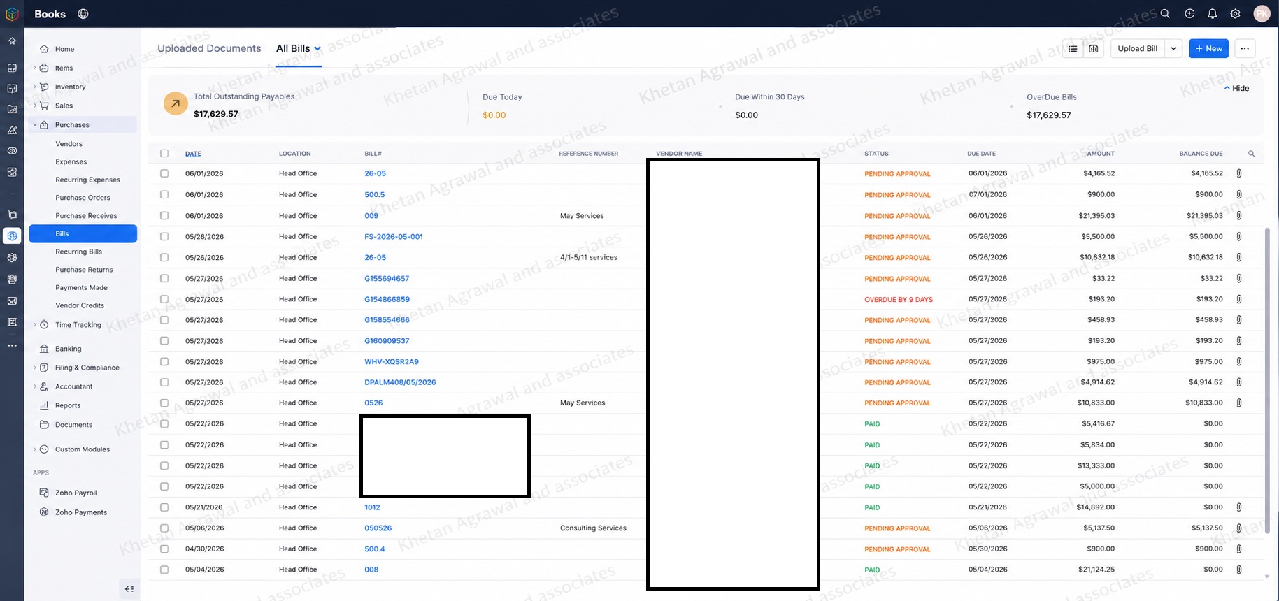 Zoho Books bills dashboard with approval status