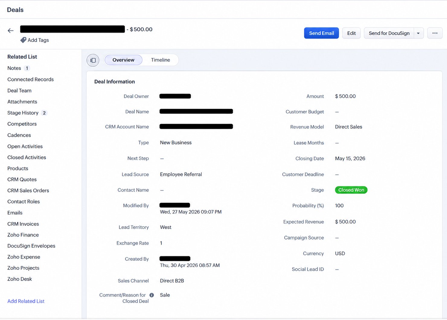 Zoho CRM deal record with custom fields