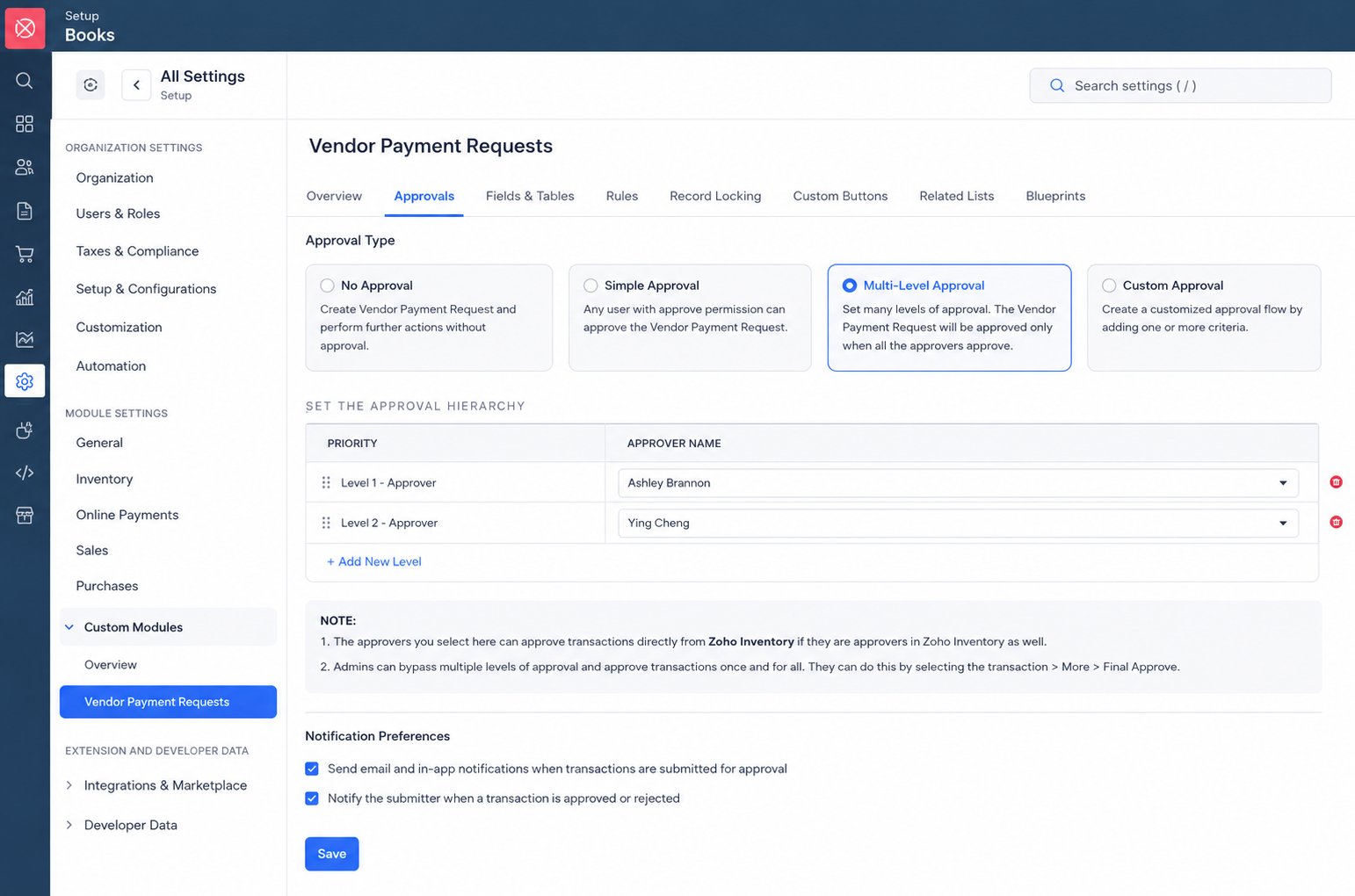 Zoho Books multi-level approval setup for vendor payments