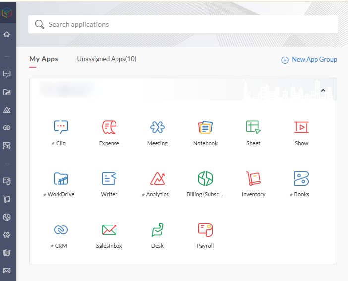 Zoho One apps dashboard showing all apps in use