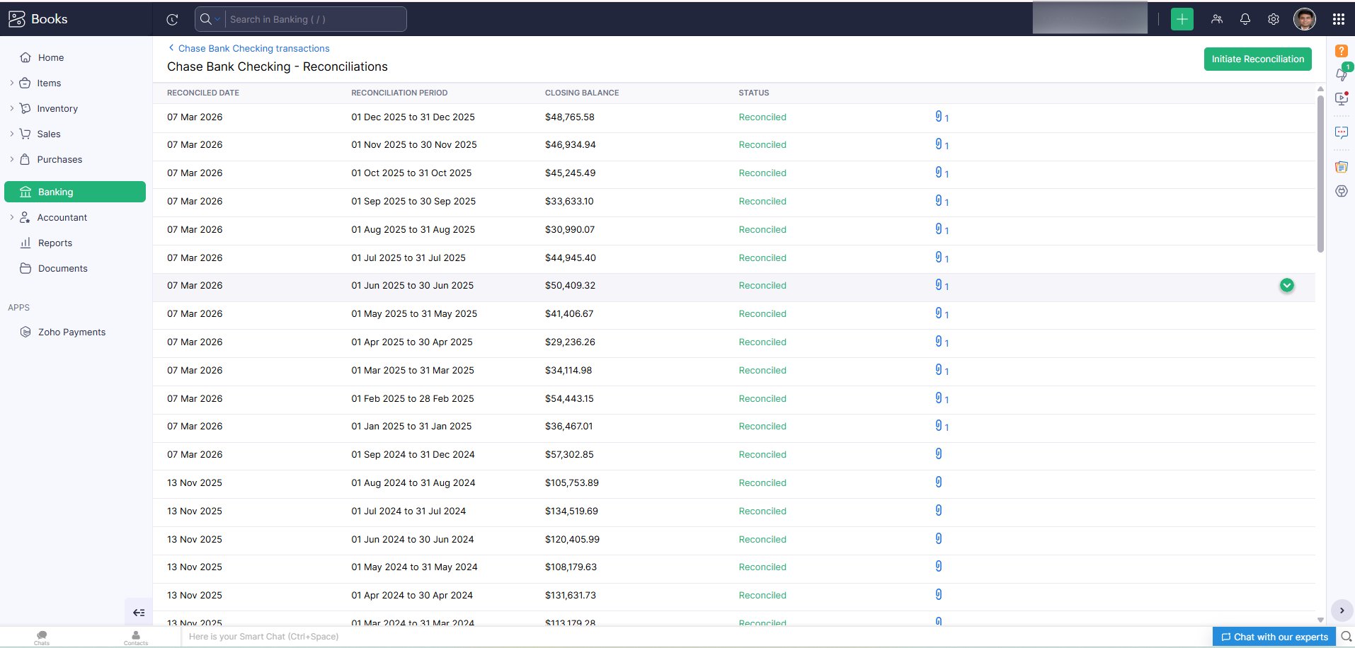 Zoho Books Chase Bank reconciliation history