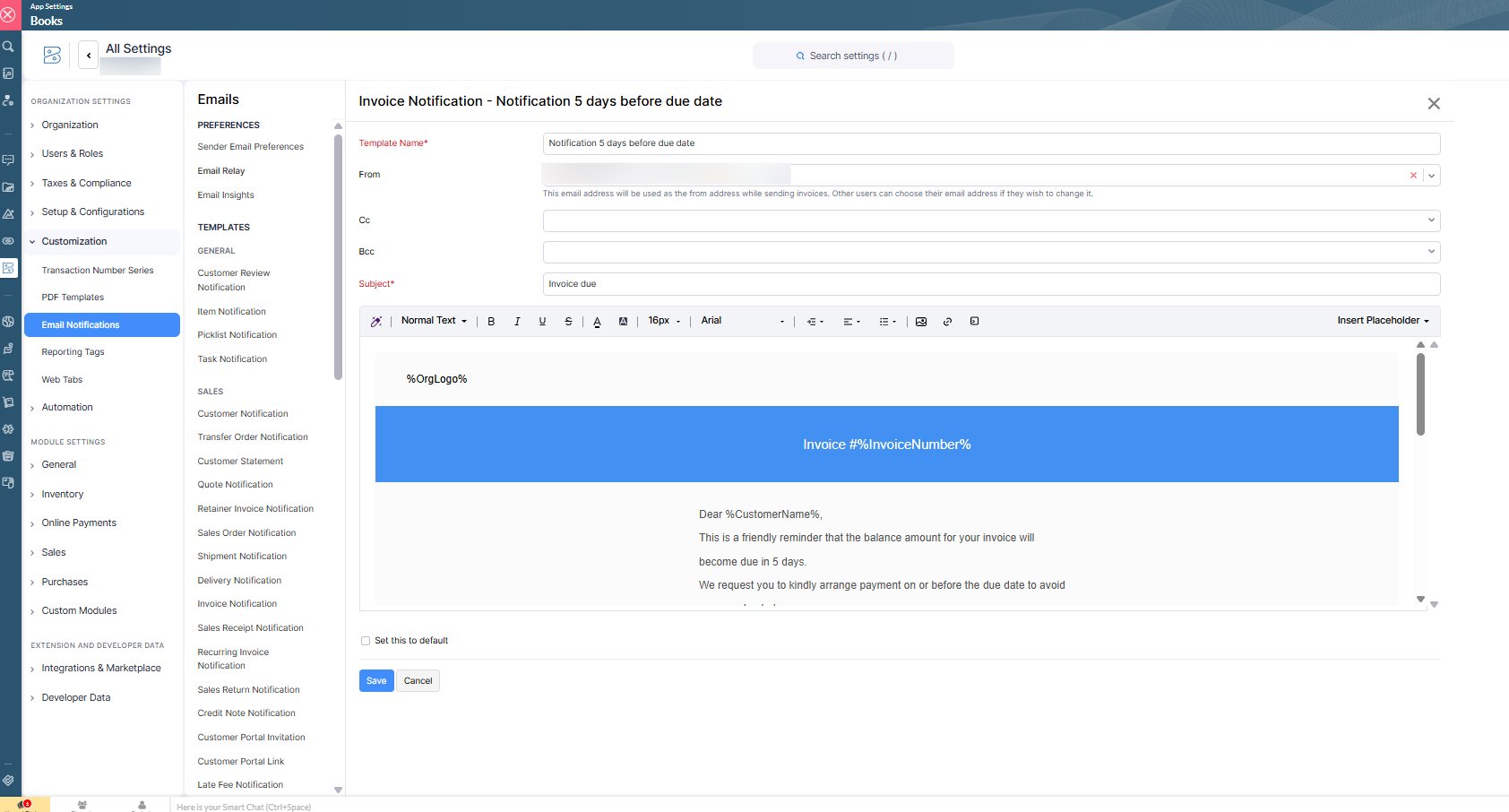 Zoho Books invoice notification email template