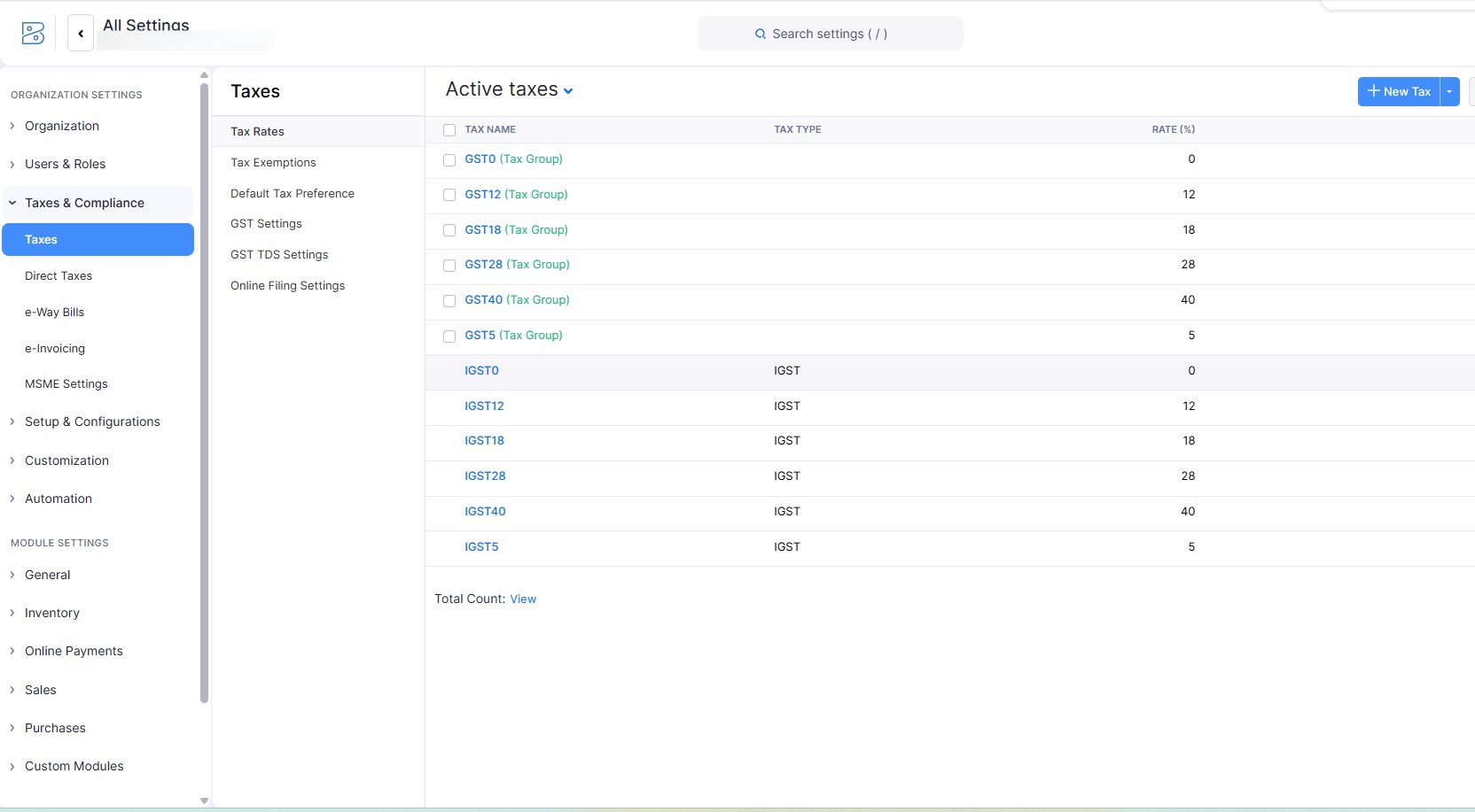 Zoho Books GST tax rates configuration