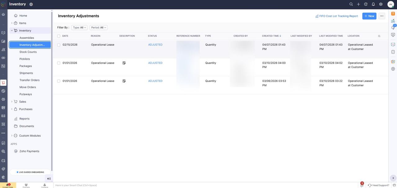 Inventory adjustment and transfer tracking in Zoho, replacing the spreadsheet-based SKU tracking the business ran on before.