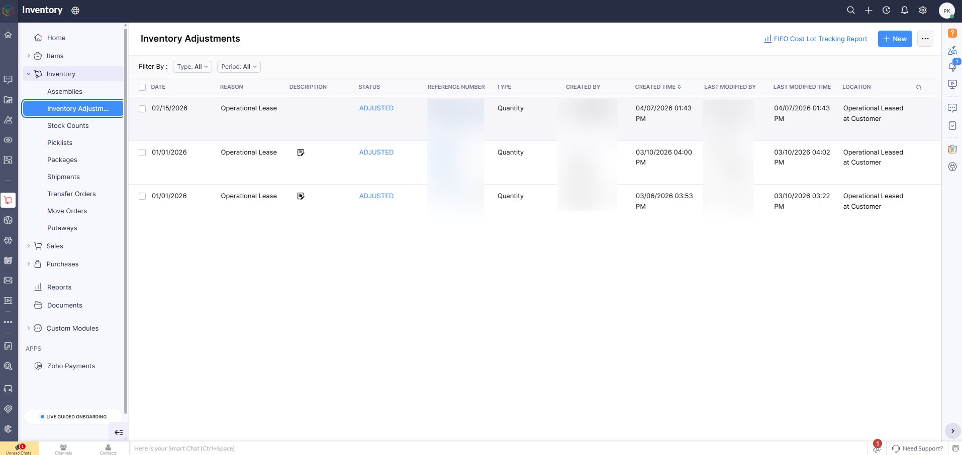 Zoho Inventory adjustment for operational lease conversion