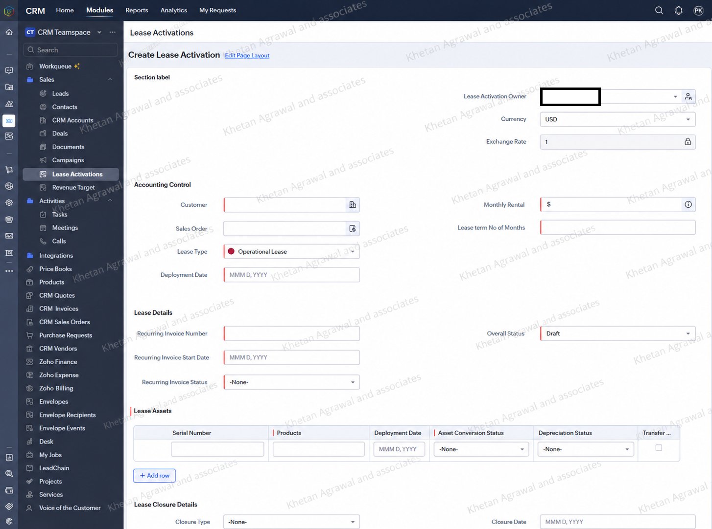 Zoho CRM lease activation custom module
