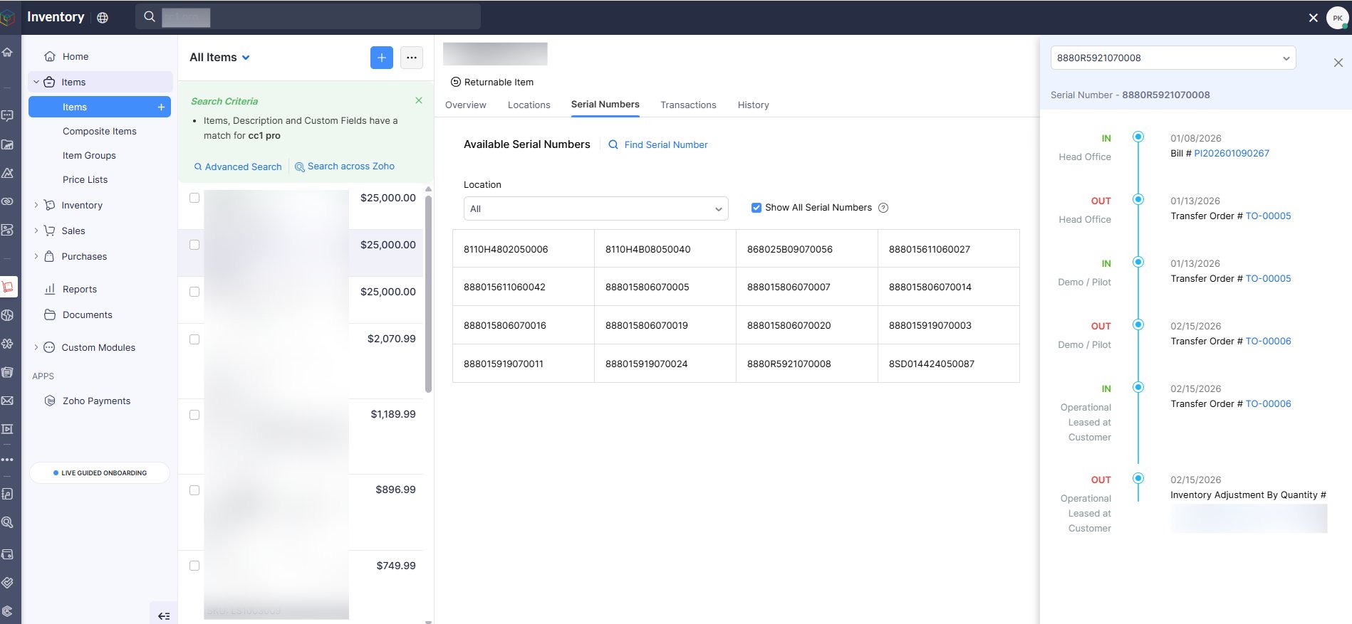 Zoho Inventory serial number movement tracking