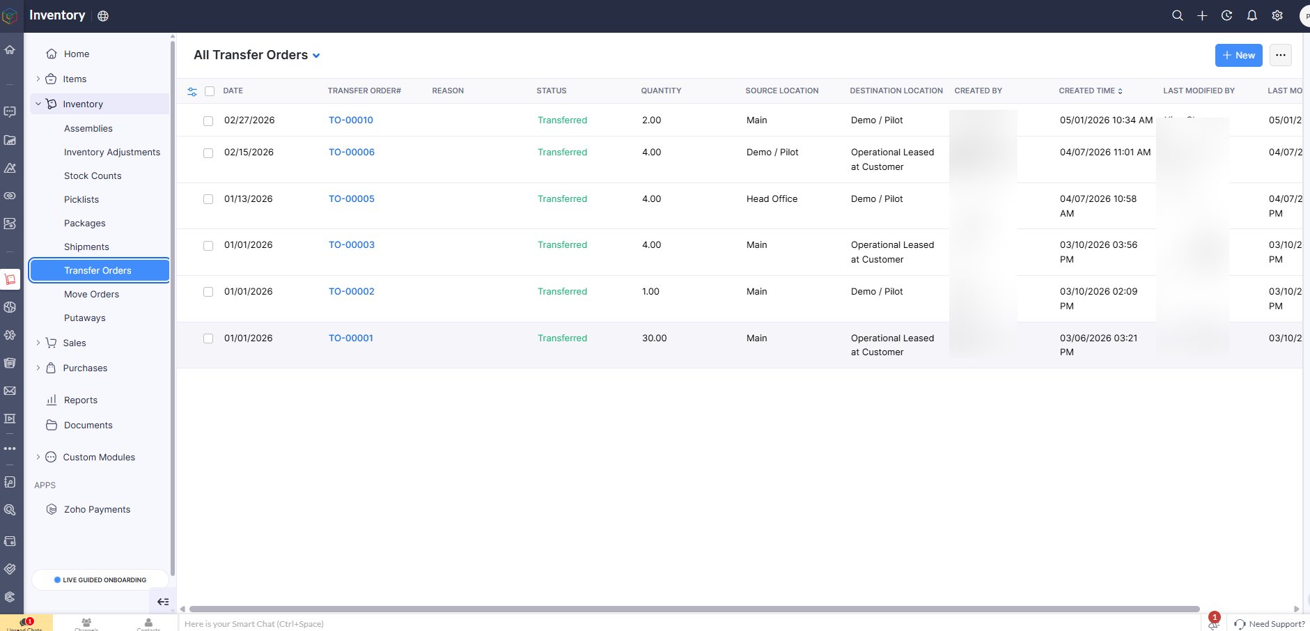 Zoho Inventory transfer orders list