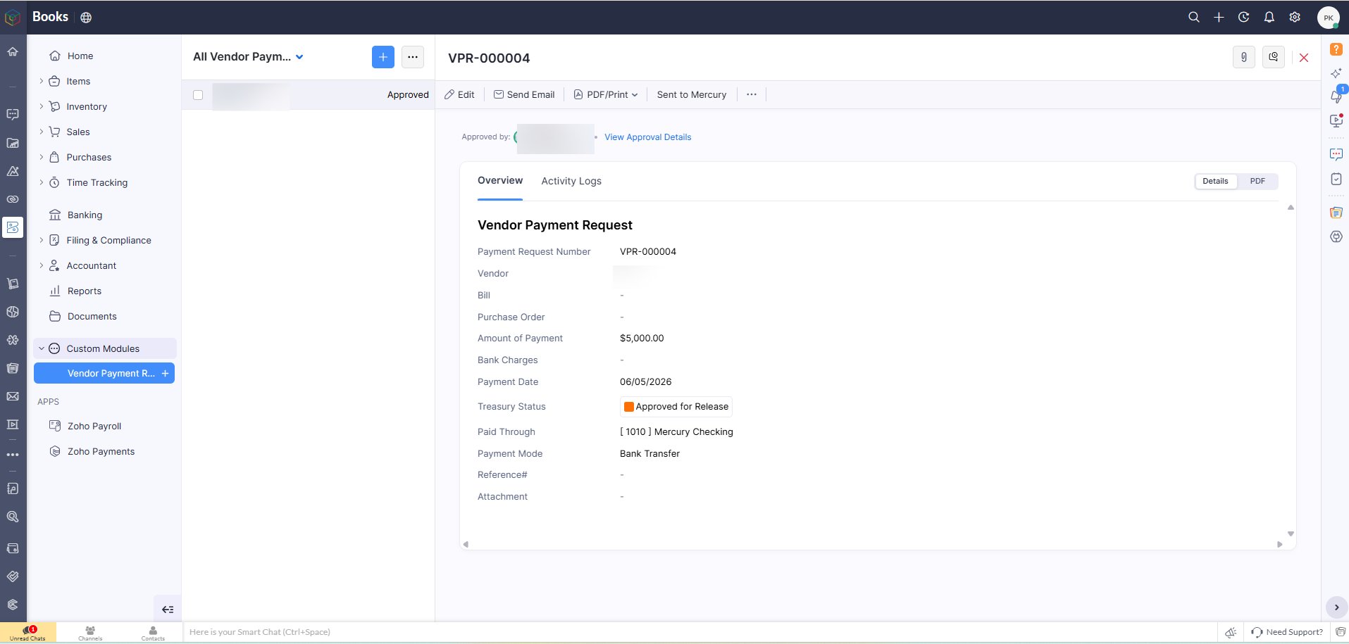 Zoho Books vendor payment request form