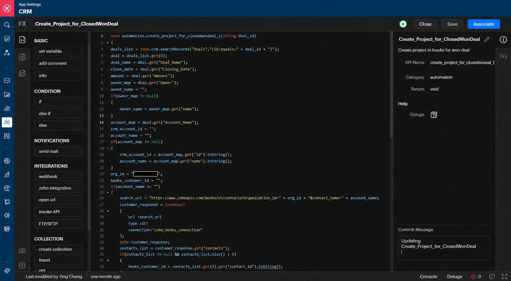 Zoho CRM Deluge code for auto project creation